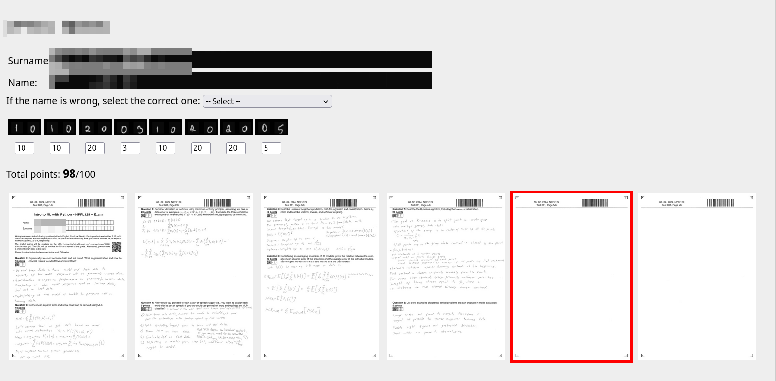 Interface for checking the exams.